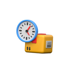 A 3D illustration depicts a package with a clock, representing timely delivery.