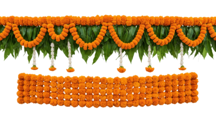 Marigold Garland Elegance: A vibrant marigold garland with its lush green leaves and delicate white accents against a plain backdrop. Reflecting festive charm.