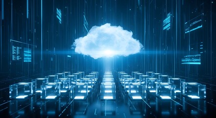 Bright digital cloud ascending from futuristic server racks in neon blue light