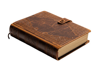 Obraz premium Photorealistic, deep brown, worn leather journal with intricate embossed design, open, aged pages on a transparent background with crisp shadow, concept of nostalgic charm and personal history