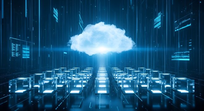 Bright digital cloud ascending from futuristic server racks in neon blue light