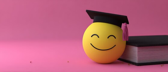 Happy smiling emoji with graduation cap resting on books on pink background educational success celebration concept