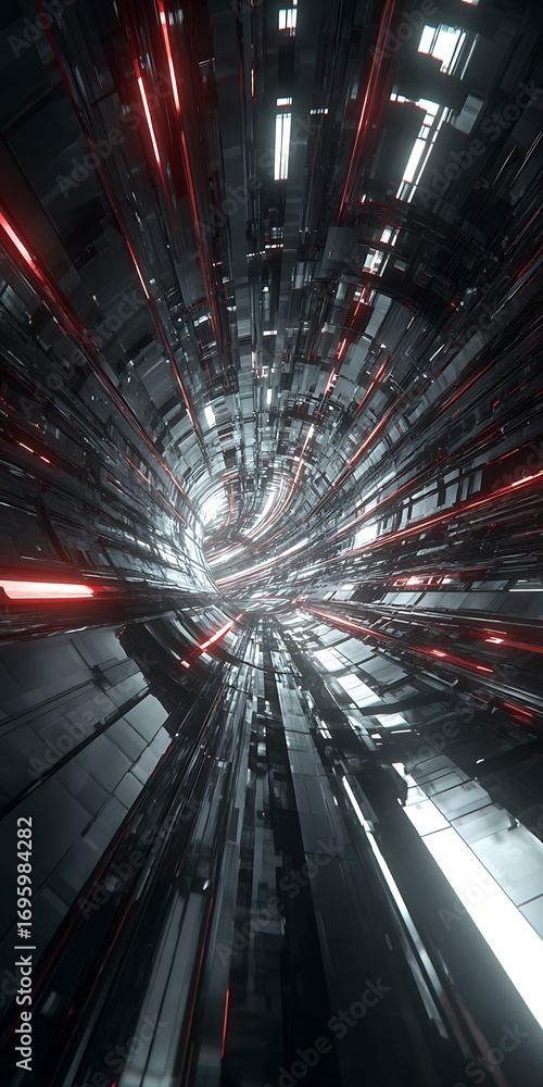 Poster futuristic tunnel with red neon lights and dark walls creating a sense of speed and technological ad