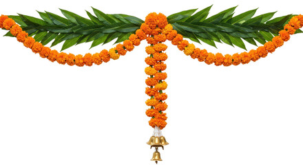 Marigold Garland: A vibrant marigold garland, meticulously arranged with fresh leaves and a traditional bell, celebrates festive seasons, evoking cultural beauty and decoration.