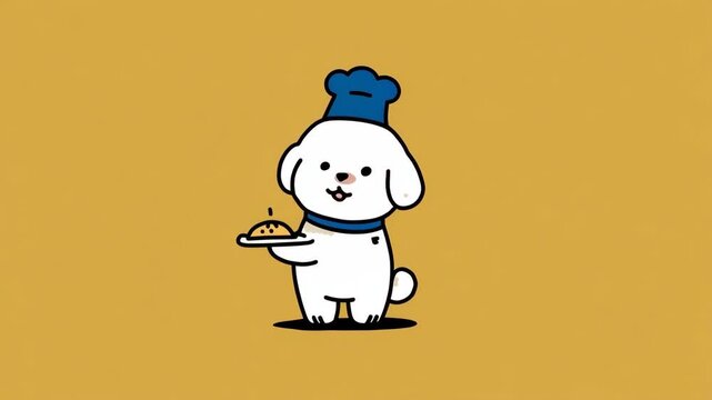 Adorable cartoon dog dressed as a chef holding a plate of food, drawn in minimalist cartoon style, on a plain yellow background, concept of cooking