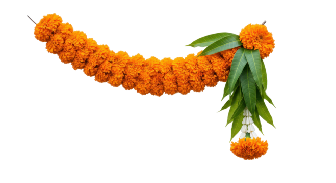Golden Garlands: A vibrant and intricately crafted garland of marigold blossoms and lush green leaves, celebrating tradition with natural elegance. - Powered by Adobe