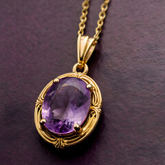 A stunning gold pendant featuring a vibrant amethyst stone, showcasing exquisite craftsmanship and timeless elegance, ready to be admired by any individual.
