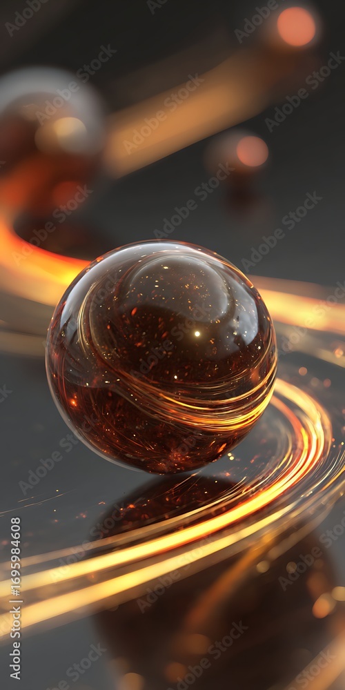 Poster a mesmerizing close up of a dark brown marble sphere with golden light trails swirling around it, cr