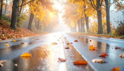 Verregneter Herbstabend, nasse Stra&szlig;e im Gegenlicht von Autoscheinwerfern.