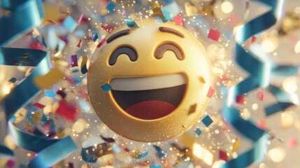 Smiling emoji face with open mouth laughing expression surrounded by colorful confetti and streamers, celebration and happiness concept