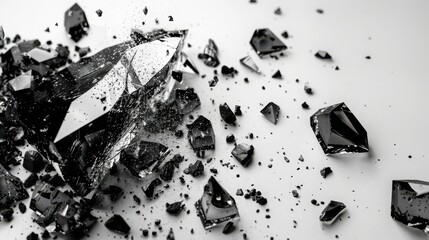 Sharp jagged fragments of shattered glass on a white background