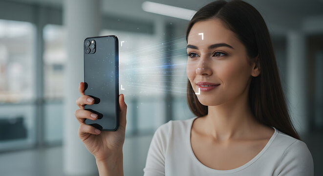 A young woman uses facial recognition on her smartphone, unlocking the device with her face in a modern interior setting.