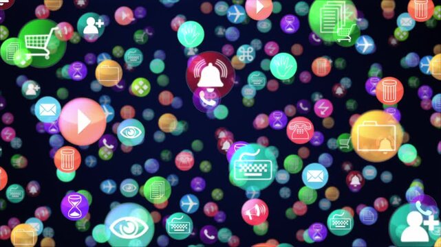 Flying through a cloud of Icons of Random fictional social media and mobile Apps Concept 3D Animation