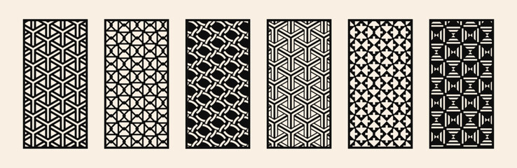 Laser cut pattern set. Template for interior partition in arabesque style. Collection of modern abstract geometric panels with ornamental grid. Decorative stencil for laser cutting of acryl. plastic, 