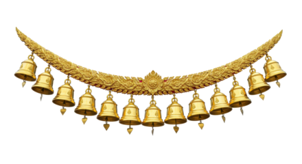 Golden Bell Ornament: An ornate, golden bell ornament, delicately crafted with intricate detail, evokes a sense of cultural heritage and spiritual grace. It is perfect for a design.