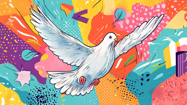 A horizontal, dynamic and abstract digital art image of a white dove flying against a vibrant, multi-colored background with an energetic, modern style, symbolizing peace, freedom, and creativity.
