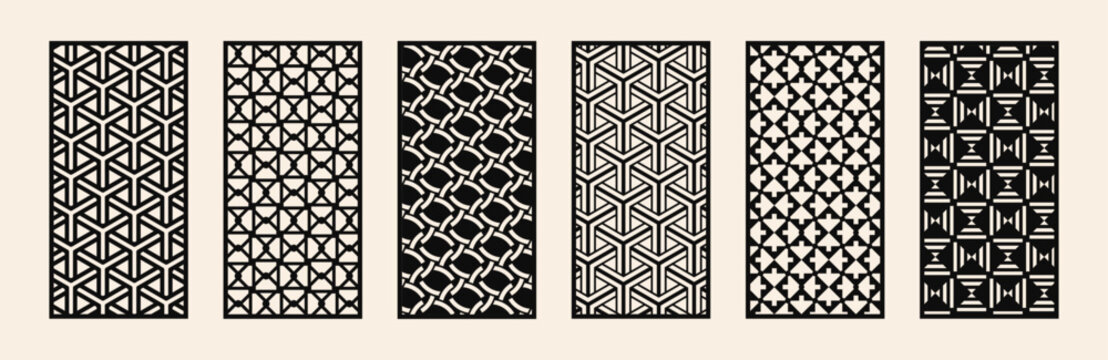 Laser cut pattern set. Template for interior partition in arabesque style. Collection of modern abstract geometric panels with ornamental grid. Decorative stencil for laser cutting of acryl. plastic, 