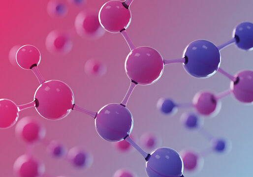 A vibrant, abstract 3D rendering of a molecular structure with interconnected spheres in shades of pink and purple, symbolizing scientific concepts and intricate connections.