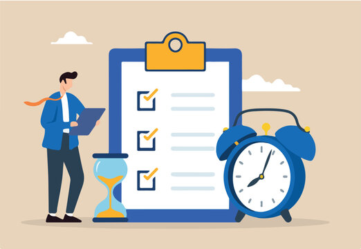 Flat illustration of businessman check deadline checklist with alarm clock and hourglass to do list time management effective business planning