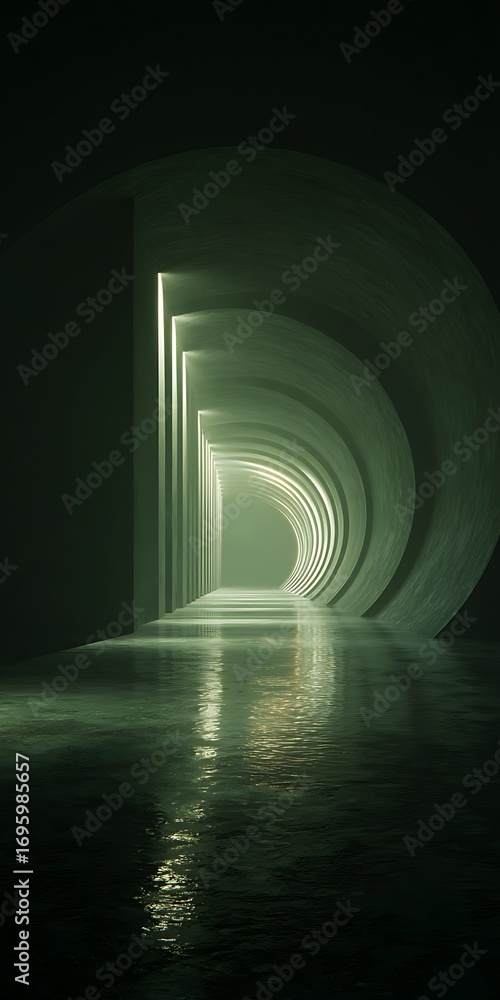 Poster a captivating perspective of a concrete tunnel, where the interplay of light and shadow creates a me