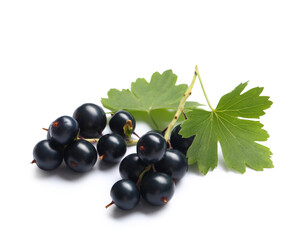 Fototapeta premium Fresh black currants with leaves on white background