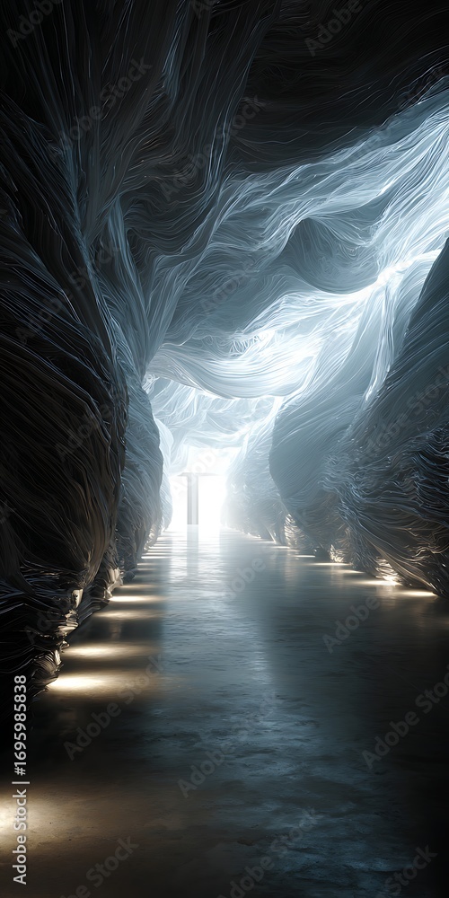 Poster a captivating journey through a luminous cave, where the ethereal glow illuminates the rugged rock f