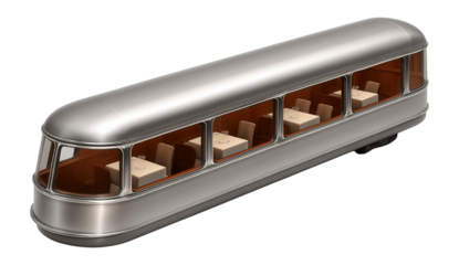 Dining car with large panoramic windows and wood-paneled interior