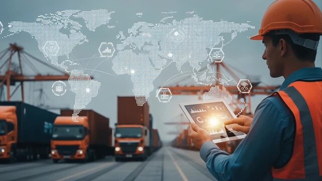 Logistics Manager Tracking Global Supply Chain on a Tablet at a Container Port. - Powered by Adobe