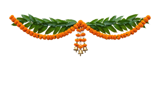 Floral Garland: Vibrant marigold and lush green leaves intertwine to create a traditional garland, symbolising auspiciousness and celebration.