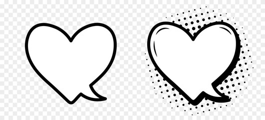 A set of retro comic book style speech bubbles on a transparent background. Heart-shaped speech bubbles or elements of cartoon design, comics. Vector illustration.