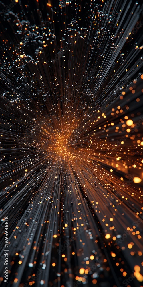 Poster abstract explosion of light and particles with a dark background creating a dynamic and energetic vi