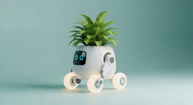 Robot Planter with Green Leaves: Futuristic Technology and Sustainable Living Concept