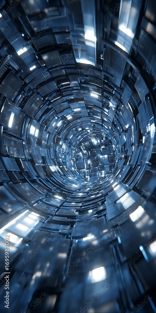 Poster futuristic tunnel with blue glowing lights and geometric shapes creating a sense of depth and techno