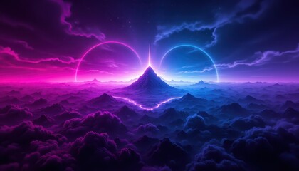 Majestic purple sunset over serene mountain range with dramatic cloudscape purple