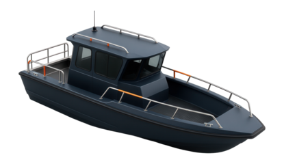 Coastal patrol boat with enclosed bridge and rear deck for equipment