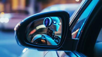 Robot reflection in a car mirror at night Generative AI