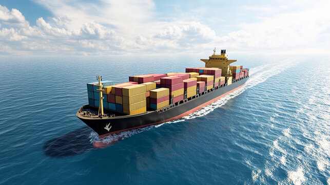 Stylized digital cargo ship sailing across the ocean Generative AI