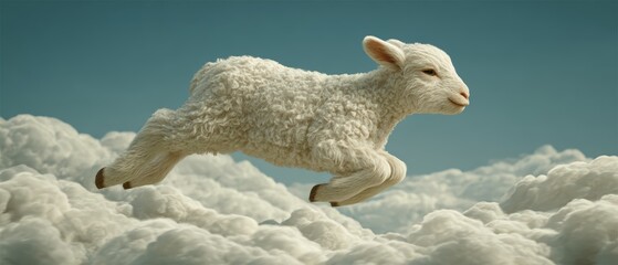 Obraz premium Imaginative and whical scene of a flying sheep with fluffy wool soa through a cloudy sky in a surreal fantasy setting