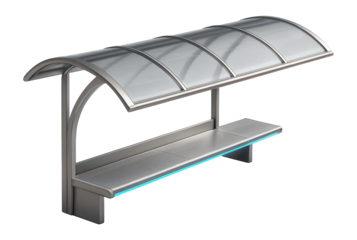 Light rail transit stop with a curved polycarbonate roof and metal seating