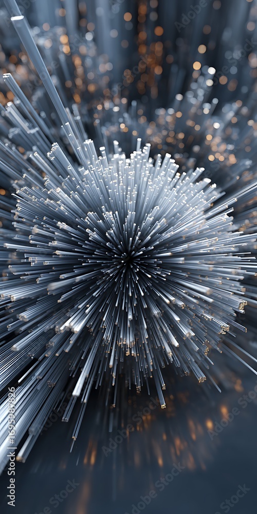 Poster abstract explosion of silver rods in a dark space with blurred background, creating a dynamic and vi