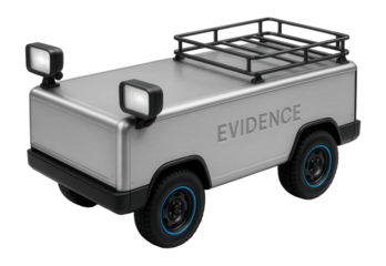 Silver evidence collection vehicle with side-mounted floodlights and storage racks