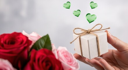 Romantic Gift with Green Hearts and Roses