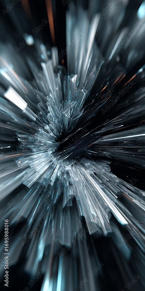 Poster abstract explosion of shards with a dark center, creating a dynamic and visually striking compositio