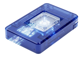 Sleek, translucent sapphire blue data cartridge with pulsating crystalline core and glowing holographic data patterns, on transparent background. Futuristic data storage concept