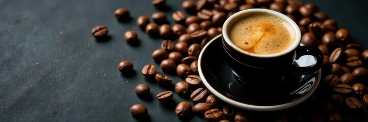 Fototapeta premium Espresso shot, coffee beans, black table, soft focus, top view, photography, intense, beverage