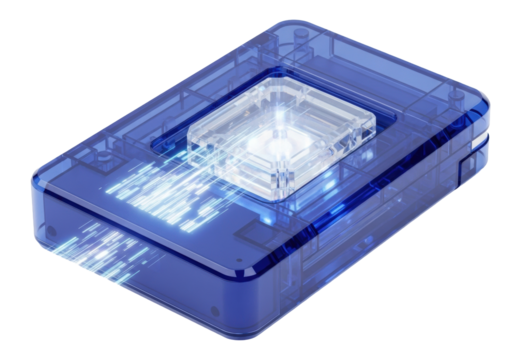 Sleek, translucent sapphire blue data cartridge with pulsating crystalline core and glowing holographic data patterns, on transparent background. Futuristic data storage concept