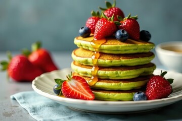 Fluffy matcha pancakes stacked high with fresh berries and honey drizzle , lifestyle, berries, healthy