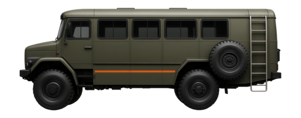 Military field bus with blackout headlights and side-mounted spare tire