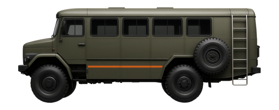 Military field bus with blackout headlights and side-mounted spare tire