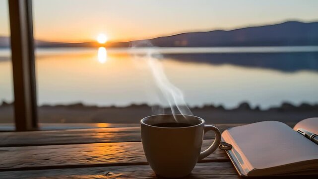 Sunrise over lake with coffee steam rising, journal on table, golden morning light. Ideal for wellness retreat ads, mindfulness content, travel vlogs, lifestyle promotions.